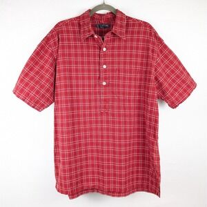 Structure Plaid Button Shirt Mens M Red Cotton Casual Short Sleeve Polo